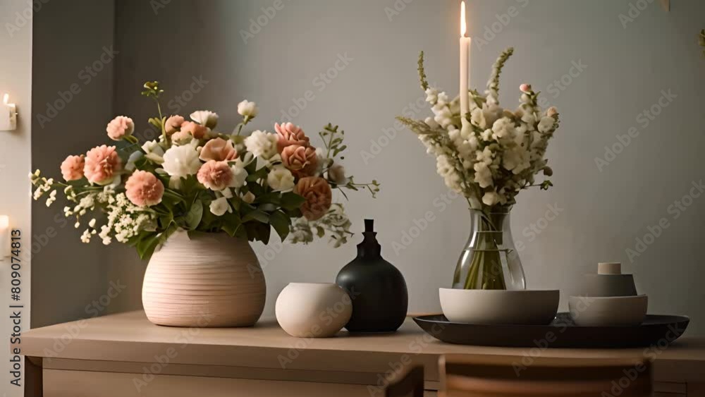 Poster table adorned with flower-filled vases and candles generative ai