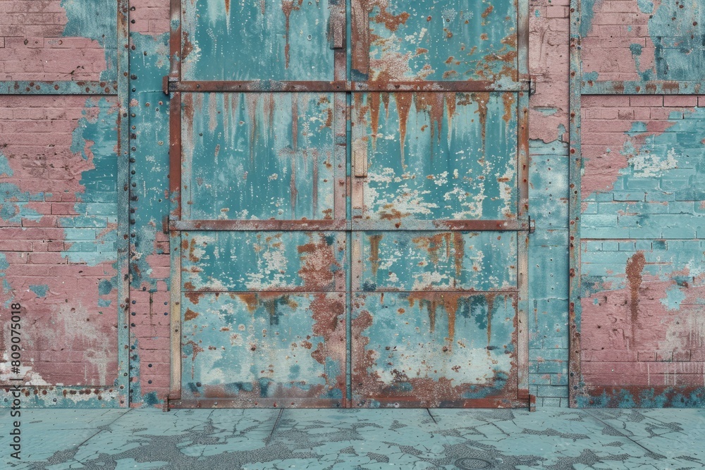 Poster the image is a close up of a rusted metal structure with colorful paint