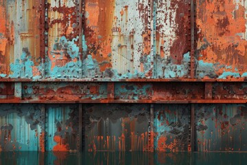 The image is a close up of a rusted metal structure with blue and orange paint