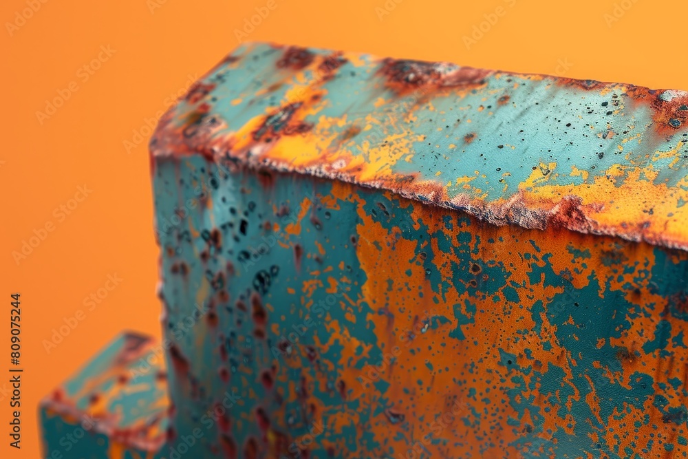 Poster a rusty metal object with a green and orange color scheme