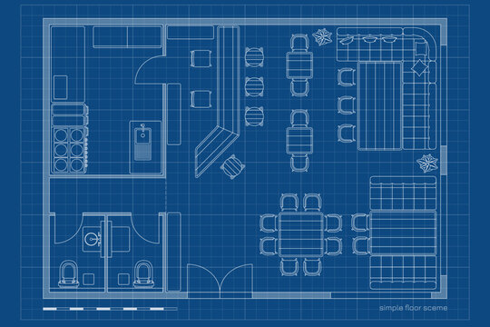 Restaurant outline floor plan. Architectural cafe drawing. Bar interior scheme. Industrial linear map. Pub technical blueprint. Modern ground floorplan