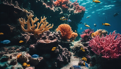 Naklejka na ściany i meble Mystical Journey Through a Vibrant Underwater Coral Reef, Generative AI