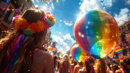 A girl is seen from behind wearing a rainbow-colored wreath on her head celebrating pride, with colorful balloons and flags in the background.