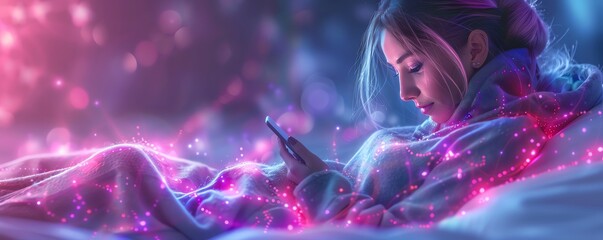 Girl sitting up in bed at night playing with a phone, sporting a black eye, soft lamp light casting shadows