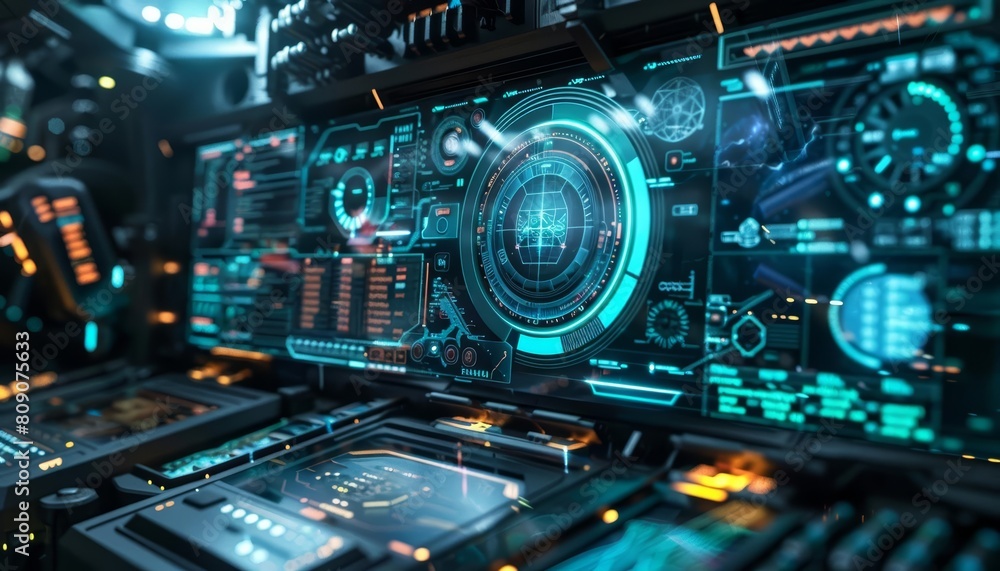 Aufkleber futuristic concept of a computer that can predict the future in hud styles, sharpen cinematic with c