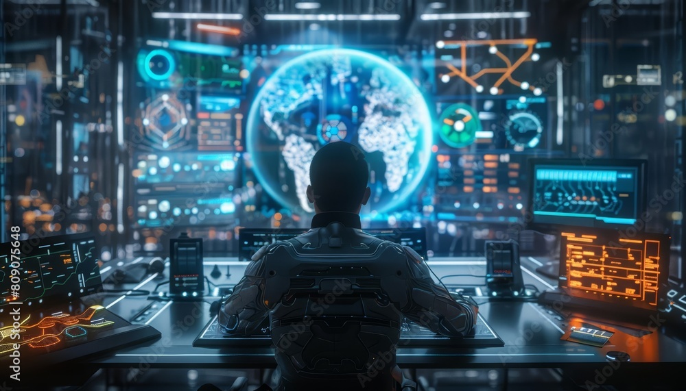 Poster futuristic concept of a computer that can predict the future in hud styles, sharpen cinematic with c