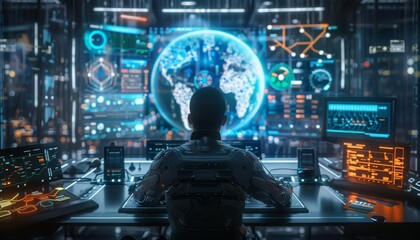 Futuristic concept of a computer that can predict the future in HUD styles, sharpen cinematic with copy space