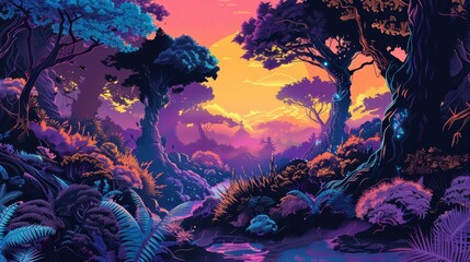 Futuristic illustration Pop art color of a fantasy forest, bringing mythical creatures to life in cyberpunk color, synth wave