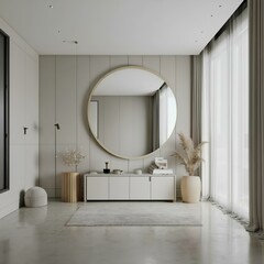A wide-angle picture of a dressing room with a large mirror decorated in a white, minimalist style
