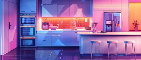 Futuristic Pop art style of a modern kitchen filled with the latest appliances, designed in synthwave color, illustration template