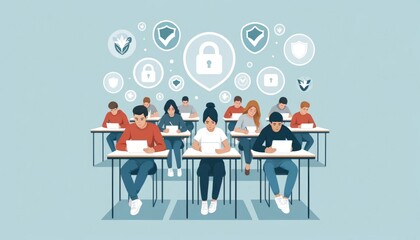 The flat design illustration of students taking exams on their devices in a bright, minimalist setting, complete with security icons floating around to emphasize exam security.