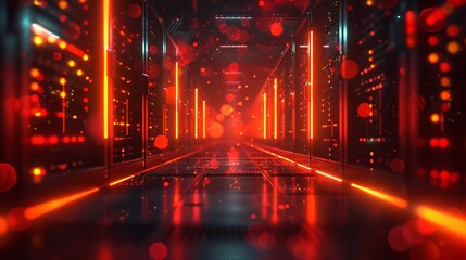 Futuristic Data Center with Intense Red Lighting