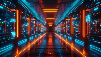 Fototapeta premium Futuristic Neon-Lit Data Center Aisle