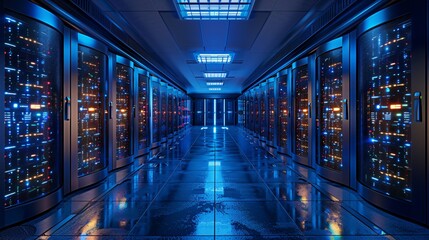 Naklejka premium Neon Blue Lights in Modern Data Center Aisle