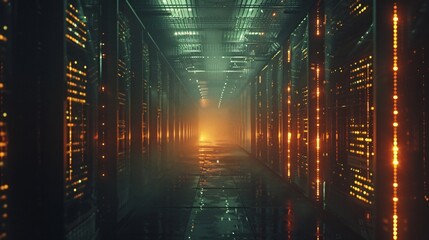Mystical Data Center Corridor with Golden Glow