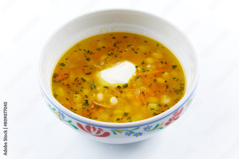 Sticker vegetable soup on the white