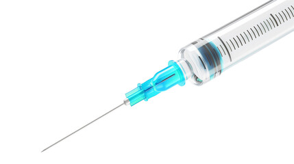 Syringe with blue liquid, symbolizing medical. Isolated on white. Vaccination concept