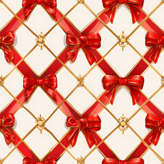 Seamless pattern with red bows and golden chains on white background