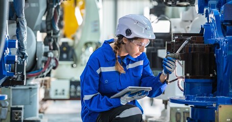 woman engineer in uniform helmet inspection check control heavy machine robot arm construction...