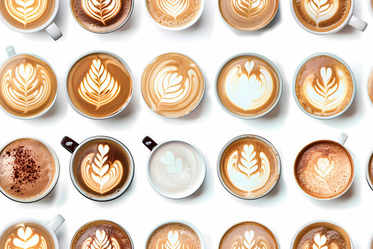 seamless Coffee cups with latte art pattern on white background.
