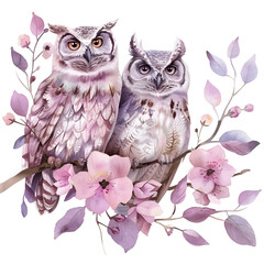 Watercolor beautiful two owls on the branch with pink flowers and purple leaves, Pink and Purple pastel tones, illustration isolated on white background.