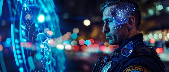 Portrait of a police officer with Glow HUD big Icon of law enforcement badges