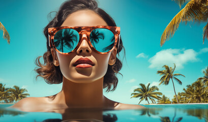 woman in sunglasses with palm tree reflection on a hot summer day 