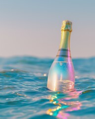 A bottle of champagne floating in the water. Minimal summer party concept.	