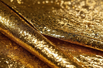 Abstract background, metallic shiny surface, crumpled foil texture, gold wrapping paper.