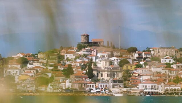 balikesir ayvalik cunda island iconic view coast sea and old mill new museum at the top