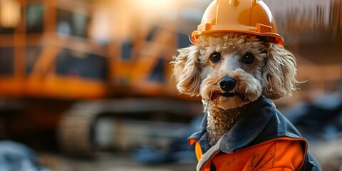 Poodle dog dressed as a builder at a construction site. Concept Cute Poodle, Construction Site, Builder Costume, Dog Fashion, Funny Pets