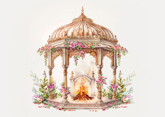 elegant wedding pavilion adorned with delicate floral arrangements and a glowing fire, capturing the essence of Indian elegance in soft pastel hues