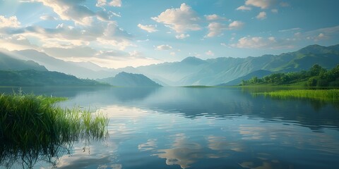 Serene Landscape with Reflective Lake and Majestic Mountains in the Distance