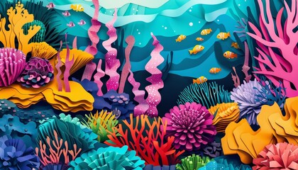 Trendy art paper collage design of a vibrant coral reef, depicted in cyberpunk 80s color, serving as an illustration template