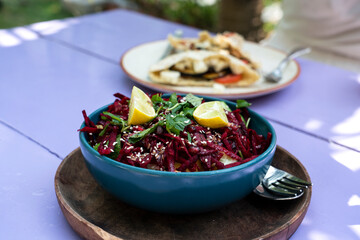 Vegetarian vegetable salad with beets.