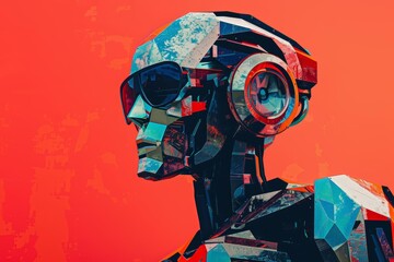 Obraz premium Trendy art paper collage design of a futuristic robot, depicted in cyber color for a cuttingedge synthwave color illustration