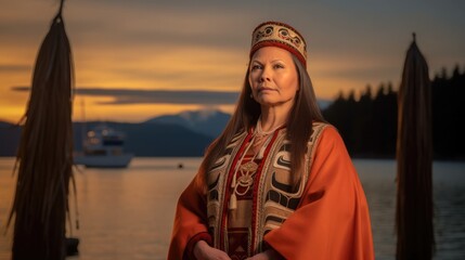 A dignified indigenous woman in traditional regalia standing by the water at sunset. AI-generated.