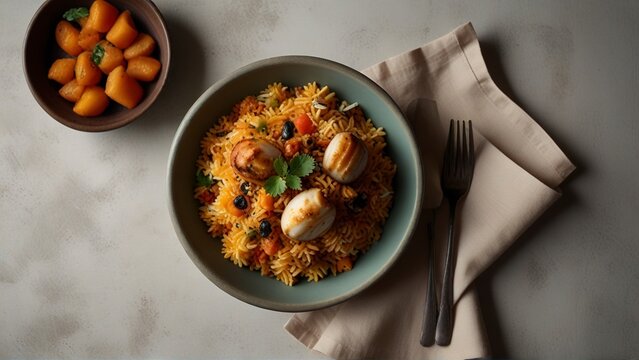Top View: 8K Ultra-Realistic Biryani Course Pakistan Food Photograph by Lenka's Lens Studios.