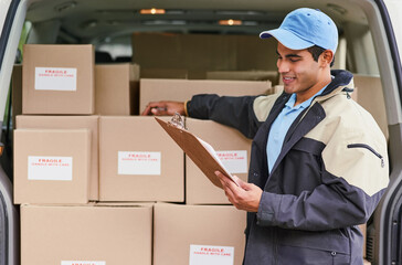 Man, reading and delivery with van, checklist and invoice or updates on courier service or quality...