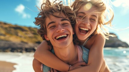 Joyful Couple on Sunny Beach