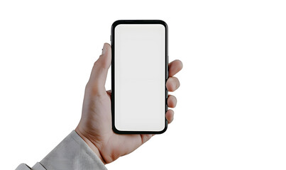 Close-up of woman hand holding modern smartphone iphone mockup. New modern black frameless smartphone mockup with blank white screen. Isolated on white background high-quality studio shot, Modern smar