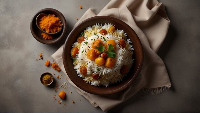 Top View: 8K Ultra-Realistic Biryani Course Pakistan Food Photograph by Lenka's Lens Studios.