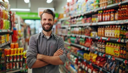 Man smiling in grocery store aisle with arms crossed.