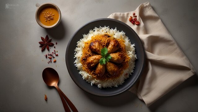Top View: 8K Ultra-Realistic Biryani Course Pakistan Food Photograph by Lenka's Lens Studios.