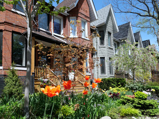 Residential neighborhood with tall narrow houses with gables and garden with spring flowers