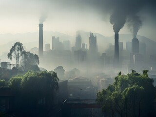 A City  In Smoke .Affected by Heavy Air Pollution. 