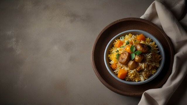 Top View: 8K Ultra-Realistic Biryani Course Pakistan Food Photograph by Lenka's Lens Studios.