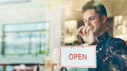 Open, sign and man at window of restaurant for hospitality, information and start of service....