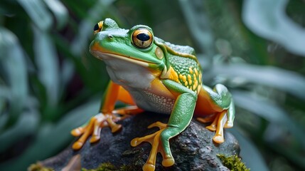 Obraz premium Adorable Green Frog with Bright Eyes Perched on Moss-Covered Tree Branch in Lush Tropical Rainforest Environment