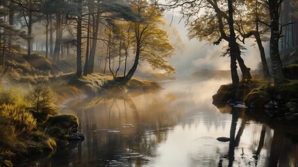 Autumnal forest golden foliage misty river sunrise warm morning light